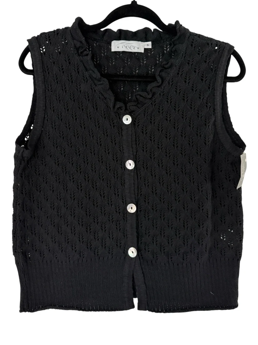 Vintage 90s Willow Black Cotton Pointelle Knit Sweater Vest Dark Academia S NWT